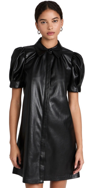 Alice And Olivia Jem Vegan-leather 70s-collar Puff-sleeve Dress In Black