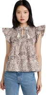 SEA CALLA CHEETAH FLUTTER SLEEVE SMOCKED TOP,SEAAA21501