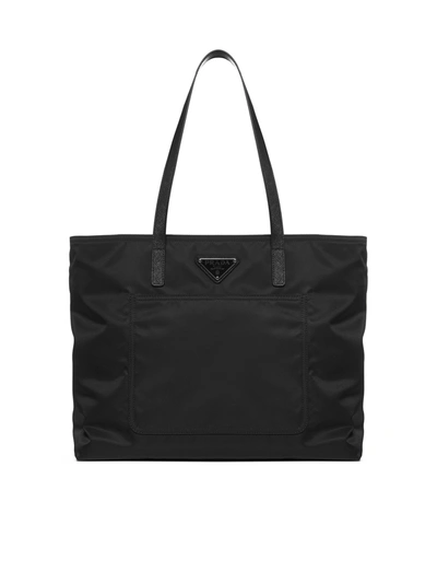 Prada Logo Plaque Shopper Tote Bag In Black