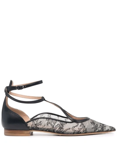 Scarosso Gae Floral-lace Ballerina Shoes In Black - Lace