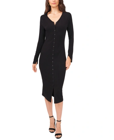 Msk Rib-knit Button-front Midi Dress In Black