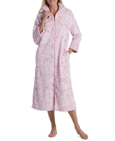 Miss Elaine Petite Textured Long Zipper Robe In Pink Roses