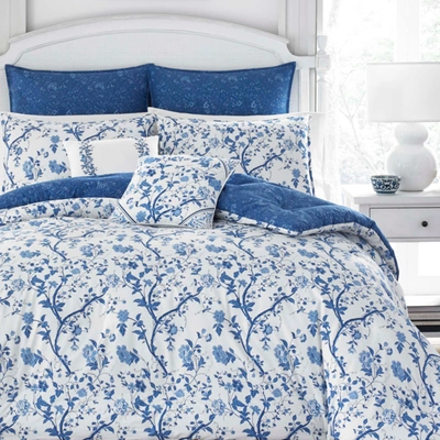 Laura Ashley Elise Cotton Reversible 7 Piece Comforter Set, King In Navy