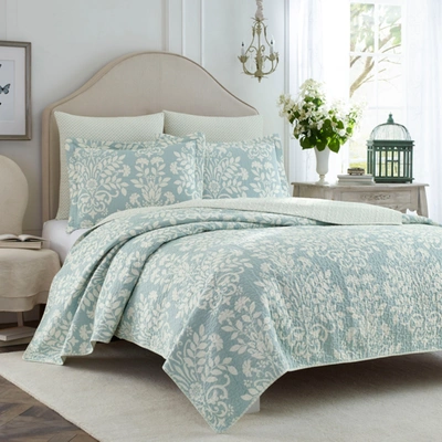 Laura Ashley Rowland Cotton Reversible 3 Piece Quilt Set, Full/queen In Breeze Blue