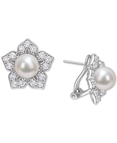 Macy's Cultured Freshwater Pearl (8-1/2mm) & Lab-created White Sapphire (2-3/4 Ct. T.w.) Flower Stud Earrin In Silver