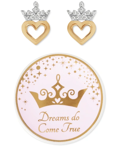 Disney Princess Tiara Heart Crystal Stud Earrings In Sterling Silver & 18k Gold-plate With Bonus Trinket Di