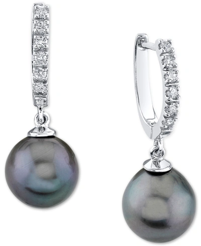 Macy's Cultured Golden South Sea Pearl (9mm) & Diamond (1/5 Ct. T.w.) Hoop Dangle Drop Earrings In 14k Gold In Tahitian