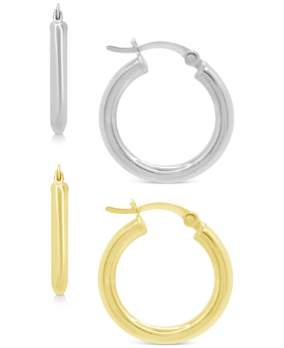 Macy's 2-pc. Set Polished Small Hoop Earrings In Sterling Silver & 18k Gold-plate