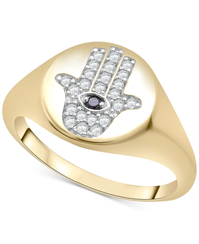 Wrapped White Diamond (1/6 Ct. T.w.) & Black Diamond Accent Hamsa Hand Ring In 14k Gold, Created For Macy's In Yellow Gold