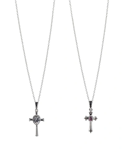 Fao Schwarz Fine Silver Plated Cross Pendant Mommy And Me Necklace Set, 2 Piece In Pink