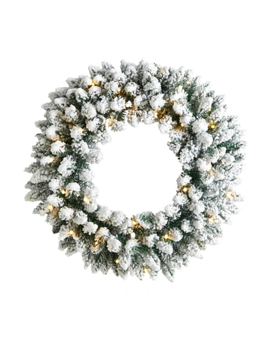 Nearly Natural Flocked Artificial Christmas Wreath With 160 Bendable Branches And 35 Warm Led Lights, 24" In Green