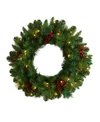 Nearly Natural Frosted Pine Artificial Christmas Wreath With Pinecones, Berries And 35 Warm Led Lights, 20" In Green