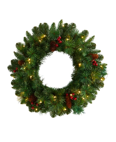 Nearly Natural Frosted Pine Artificial Christmas Wreath With Pinecones, Berries And 35 Warm Led Lights, 20" In Green