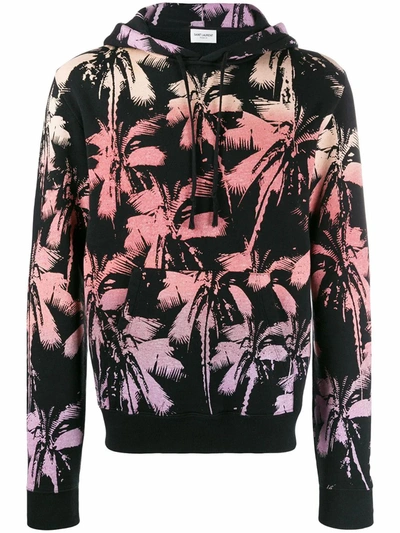 Saint Laurent Palm Tree-print Cotton-jersey Hooded Sweatshirt In Black,purple,pink