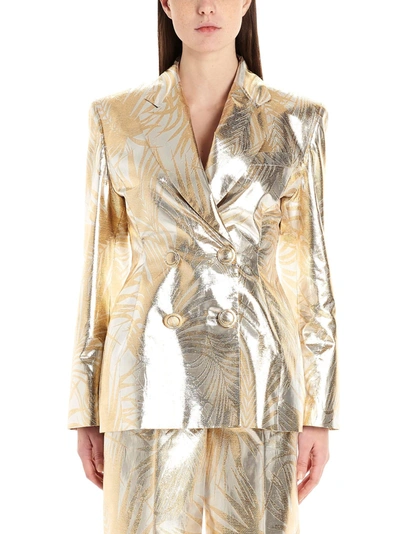 Sara Battaglia Palm-leaf Brocade Double-breasted Suit Jacket In Gold