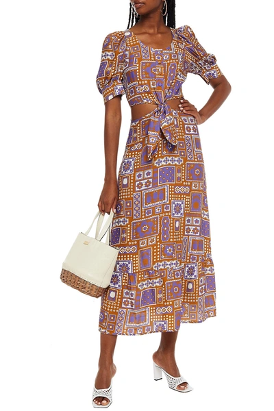 Antik Batik Honoka Cutout Printed Twill Midi Dress In Light Brown