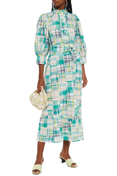Antik Batik Alama Belted Checked Cotton-voile Midi Dress In Turquoise