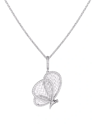 Boghossian 18kt White Gold Titanium Fiber Butterfly Medium Diamond Pendant Necklace In 银色