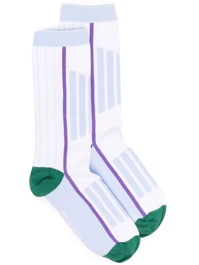 Ganni Striped Ribbed Cotton-blend Socks In Heather