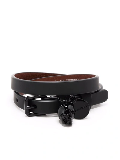 Alexander Mcqueen Double Wrap Leather Bracelet - Atterley In Black