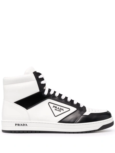 Prada Men's Avenue Logo Bicolor High-top Sneakers In Bianco Nero