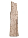 Aidan Mattox One-shoulder Beaded Slit Gown In Champagne