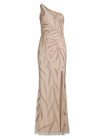 Aidan Mattox One-shoulder Beaded Slit Gown In Champagne