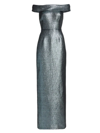 Teri Jon By Rickie Freeman Off-the-shoulder Metallic Jacquard Gown In Slate