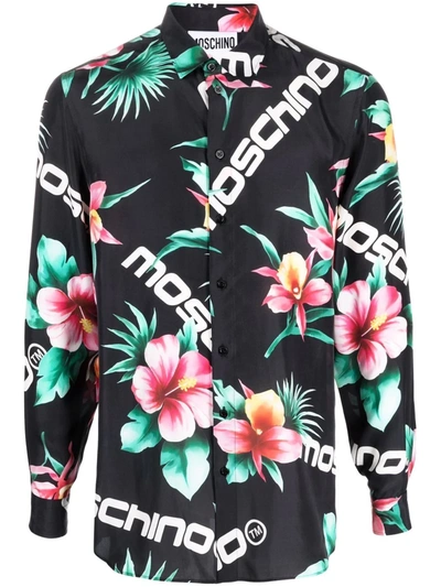 Moschino Floral-print Silk Shirt In Black