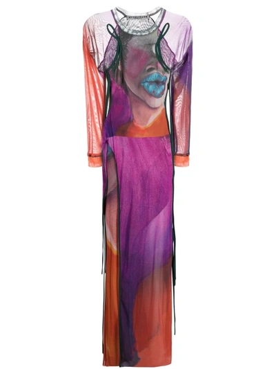 Ottolinger Cheyenne Printed Mesh Long Dress In Purple
