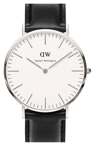 Daniel Wellington 'classic Sheffield' Leather Strap Watch, 40mm In Silver/white/silver