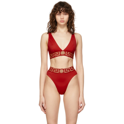 Versace Red Greca Border Triangle Bikini Top