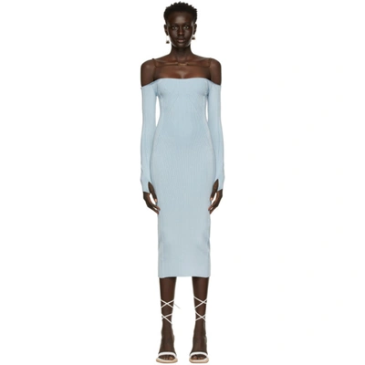 Jacquemus Sierra Cold-shoulder Embellished Ribbed-knit Midi Dress In Blue