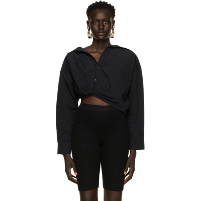Jacquemus Mejean Cropped Asymmetric Gathered Cotton And Linen-blend Shirt In Black