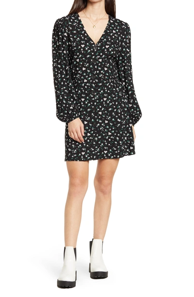 Abound Daydreamer Long Sleeve Button Front Mini Dress In Black Ditsy Floral