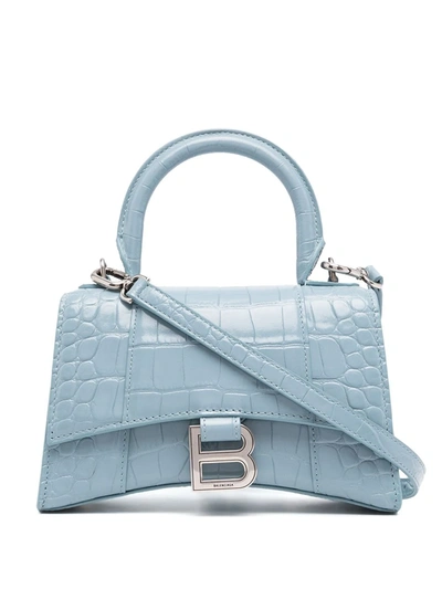 Balenciaga Hourglass Xs Croc-effect Leather Tote In Blue