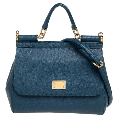 Pre-owned Dolce & Gabbana Teal Blue Leather Medium Miss Sicily Top Handle Bag