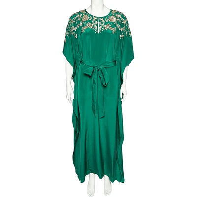 Pre-owned Oscar De La Renta Green Silk Embellished Belted Kaftan Dress M