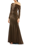 Mac Duggal Metallic One Shoulder Long Sleeve Trumpet Gown In Chocolate