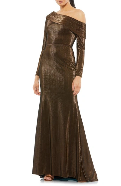 Mac Duggal Metallic One Shoulder Long Sleeve Trumpet Gown In Chocolate