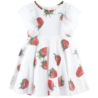 Monnalisa Kids' Strawberry Print Tulle Dress White