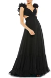 Mac Duggal Rosette Chiffon Cutout Empire Waist Gown In Black