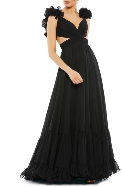 Mac Duggal Rosette Chiffon Cutout Empire Waist Gown In Black