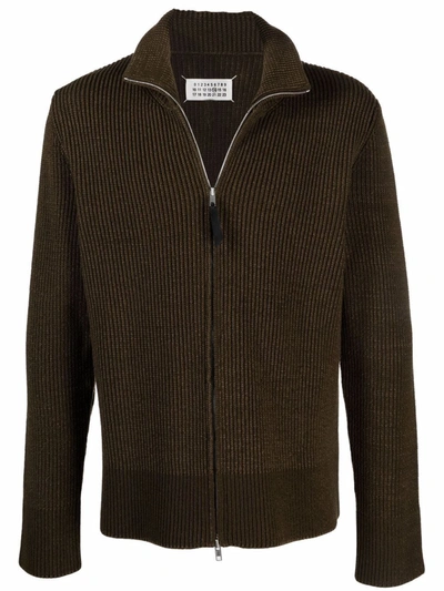 Maison Margiela Ribbed-knit Zip-front Cardigan In Green