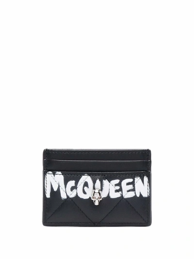 Alexander Mcqueen Quilted Leather Card Holder With Logo Print In Black
