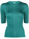 Saint Laurent Turquoise Blue Short-sleeved Metallic Knit Top In Green