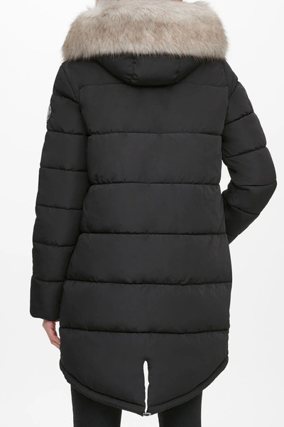 Dkny Zip Front Puffer With Faux Fur Trim Hood In Blk Black