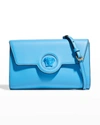 Versace La Medusa Tonal Leather Wallet Crossbody Bag In Blue