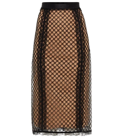 Gucci Gg-embroidered Mesh-overlay Midi Skirt In Schwarz