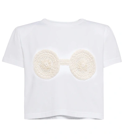 Magda Butrym Cropped Crochet-trimmed Cotton-jersey T-shirt In White,beige
